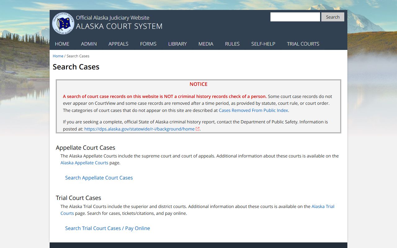 Alaska Court System Case Search Portal for dissolution of marriage records