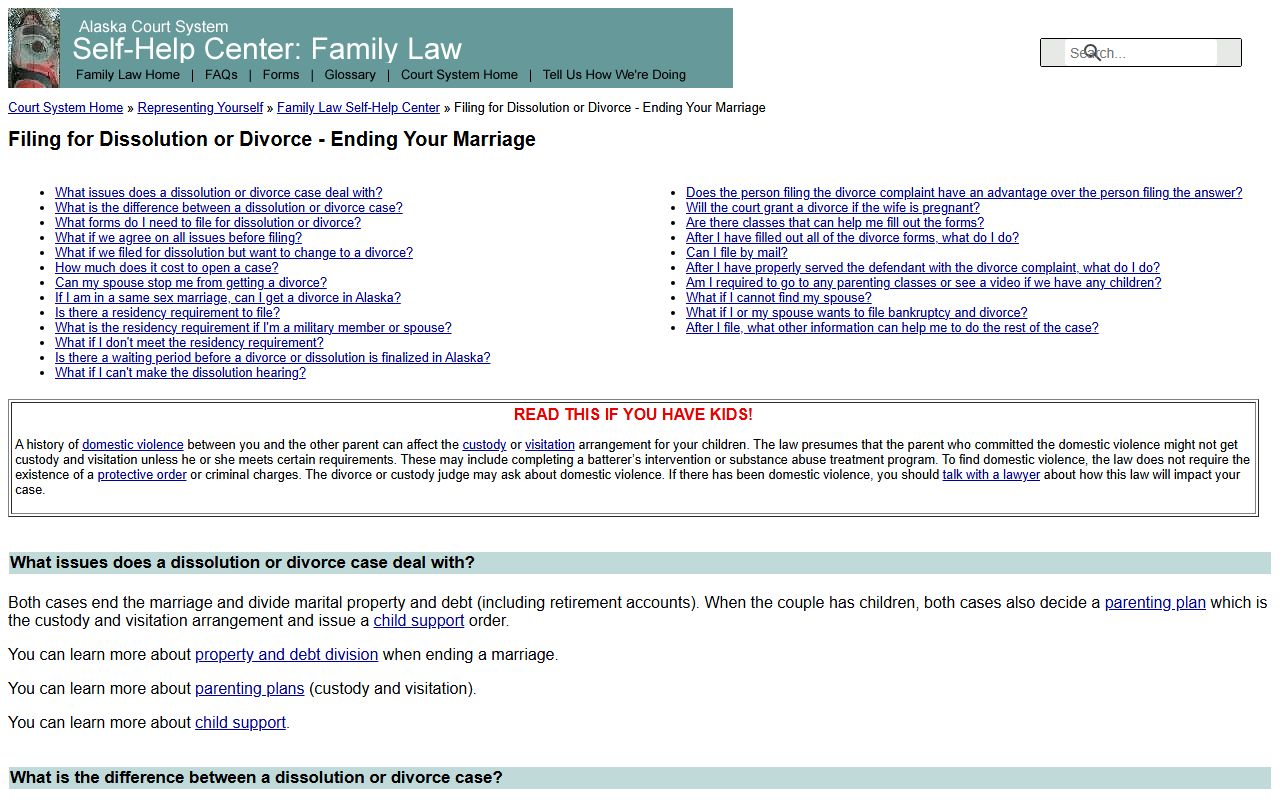 Alaska Court System Family Law Self-Help Center for dissolution of marriage