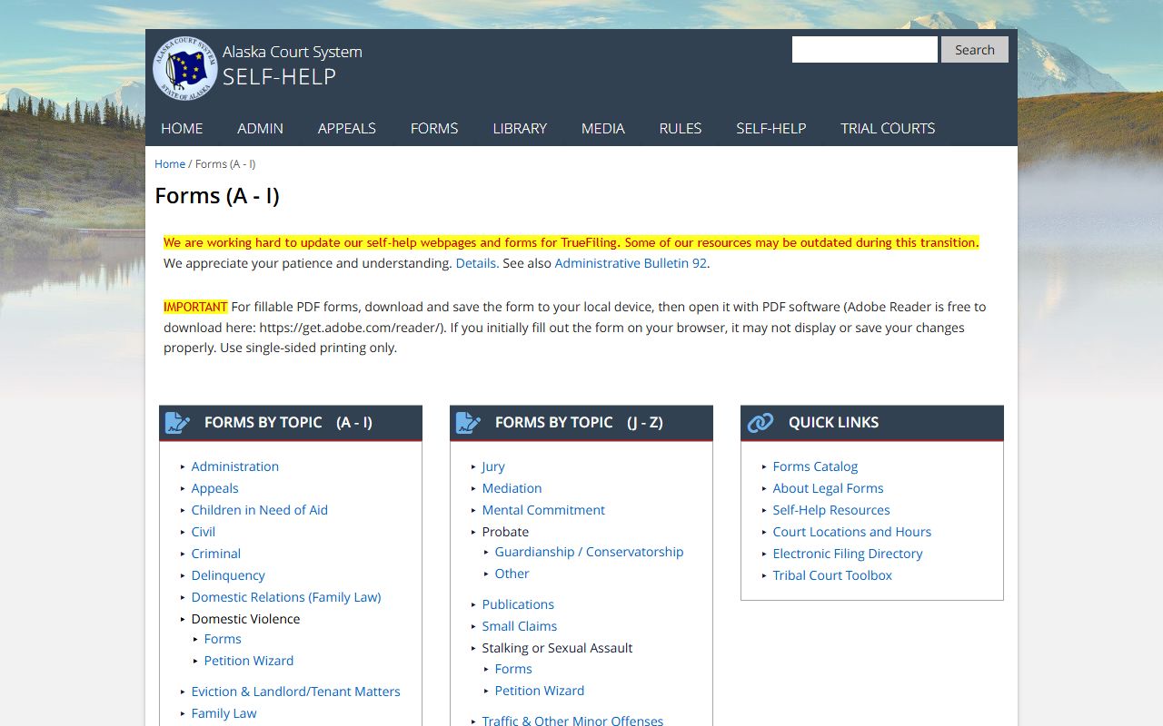 Alaska Court System forms for dissolution of marriage filings