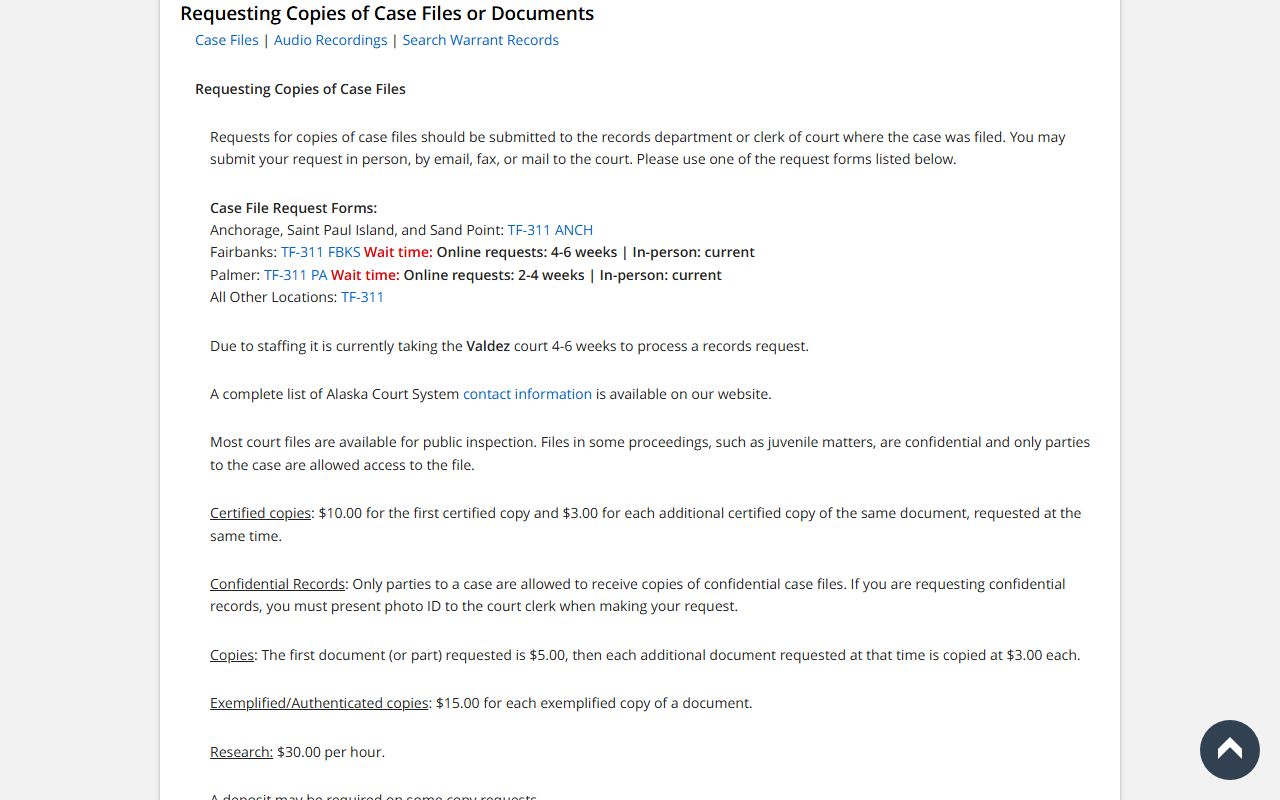 Alaska Court System records request process for dissolution of marriage copies