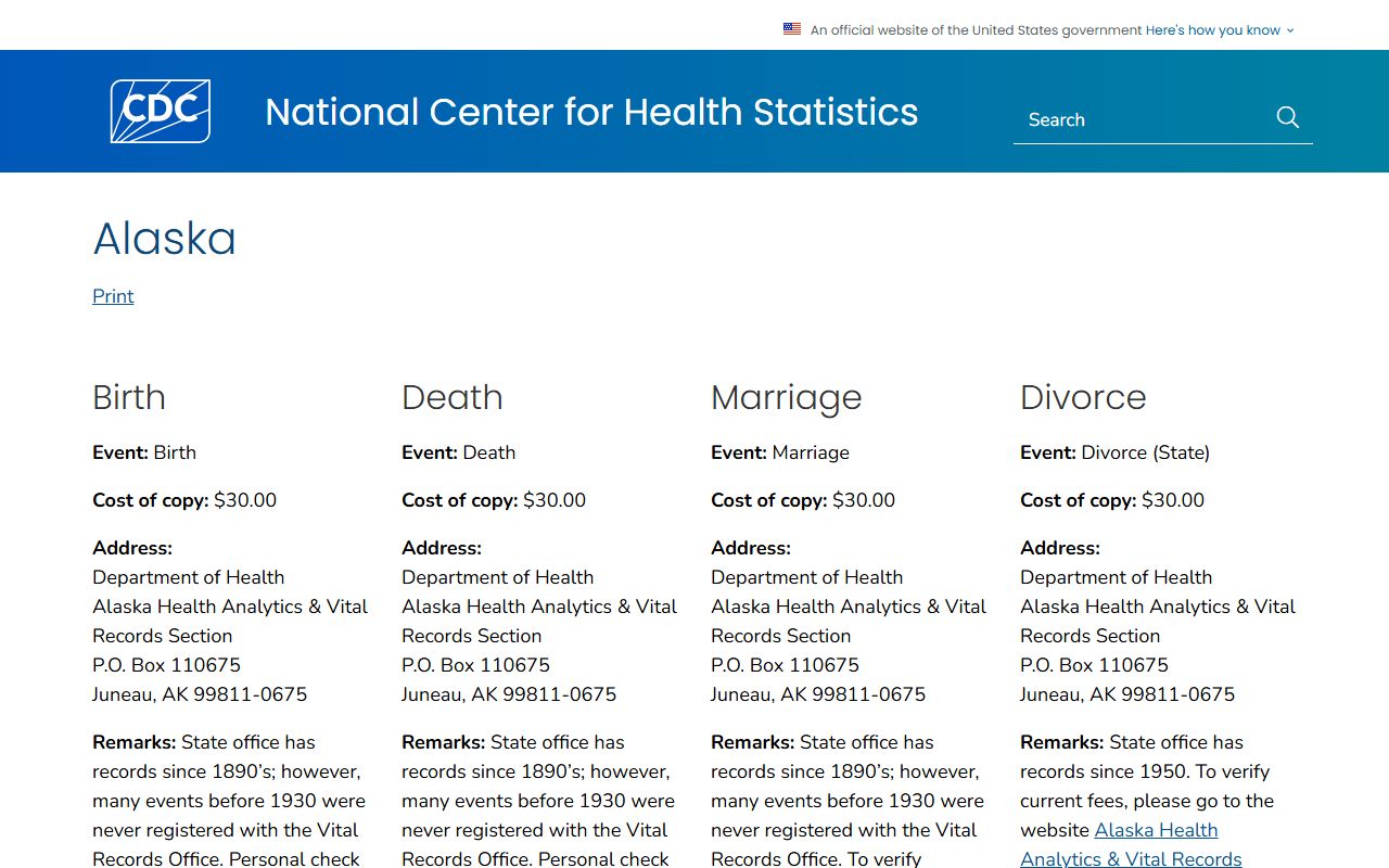 CDC guide for obtaining Alaska divorce and vital records