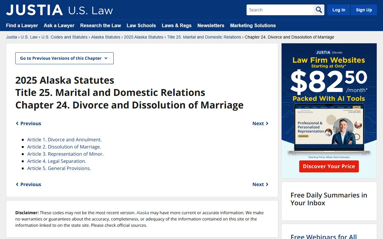 Justia Alaska Statutes Title 25 Chapter 24 dissolution of marriage law