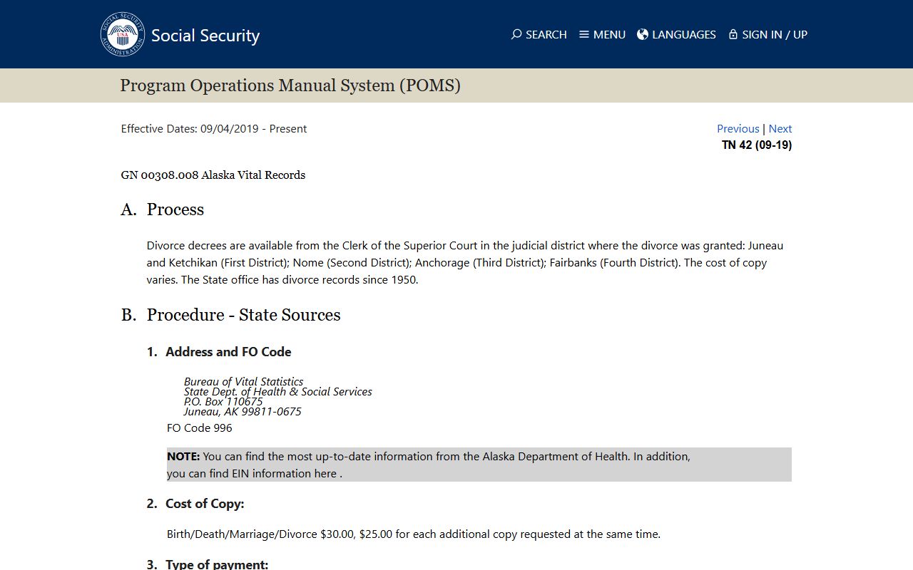 Social Security Administration POMS guide for Alaska dissolution of marriage records