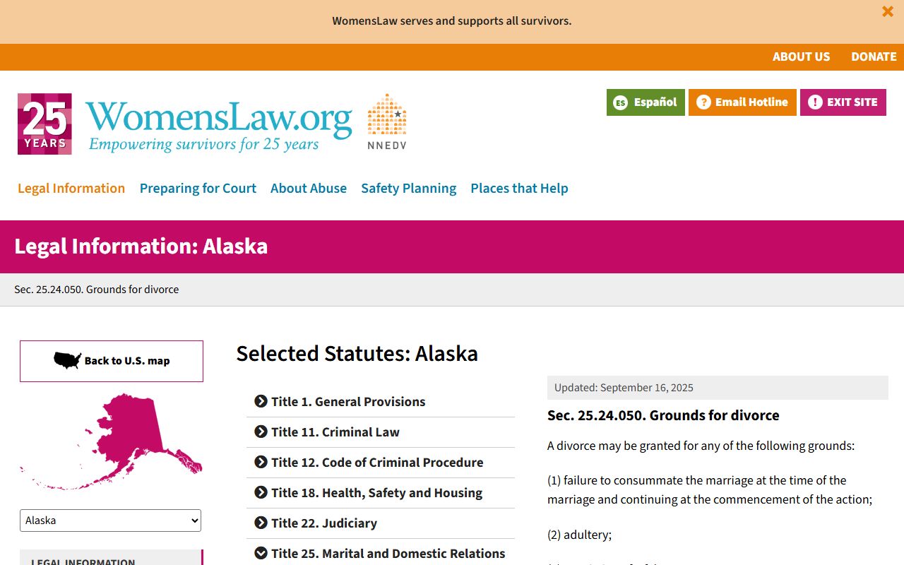 WomensLaw Alaska grounds for divorce statute reference